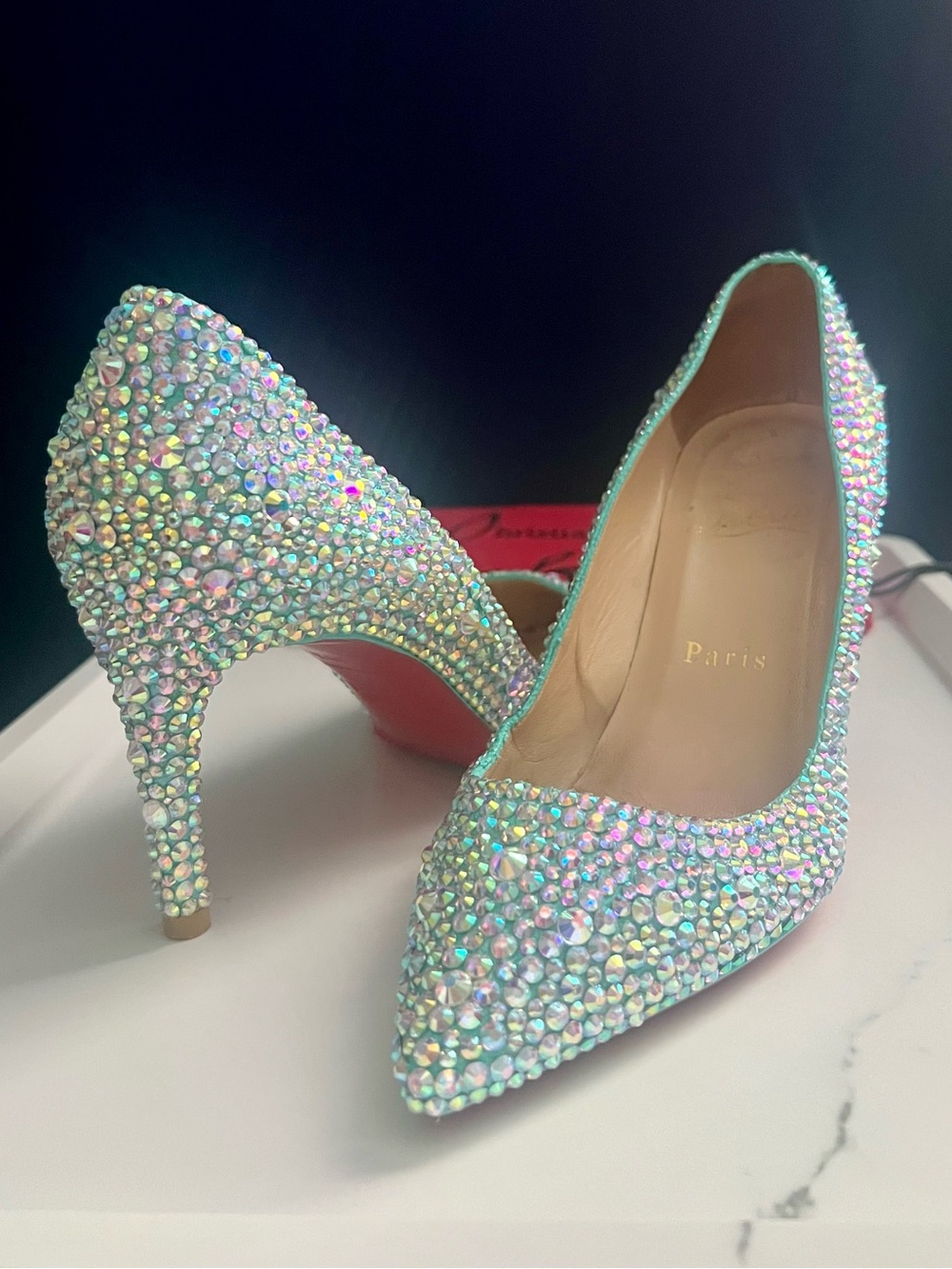 Christian Louboutin Tiffany Blue Swarovski Crystal Strass Pointed Heels 36.5 💎